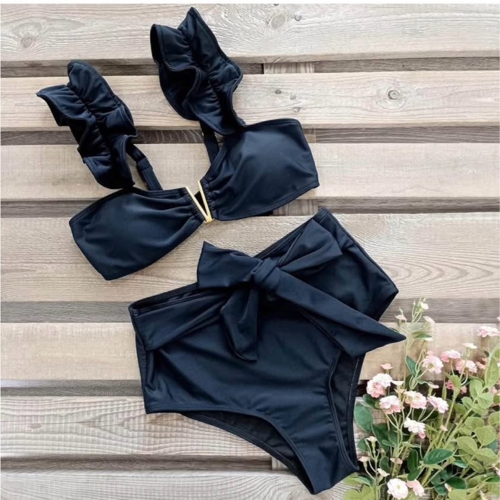 Black Ruffle Sleeve Gold V Detail Bow Bottoms Tie Bikini High Waisted Size M NWT - Picture 4 of 6